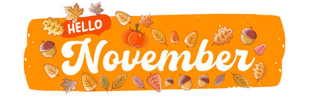 Hello November orange sticker with text, pumpkin and autumn leaves isolated on transparent background. Hello November lettering sticker png, label png, banner, quote, poster design templateのイラスト素材