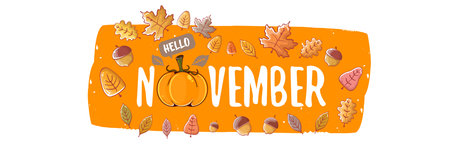Hello November orange sticker with text, pumpkin and autumn leaves isolated on transparent background. Hello November lettering sticker png, label png, banner, quote, poster design templateのイラスト素材