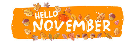 Hello November orange sticker with text, pumpkin and autumn leaves isolated on transparent background. Hello November lettering sticker png, label png, banner, quote, poster design templateのイラスト素材