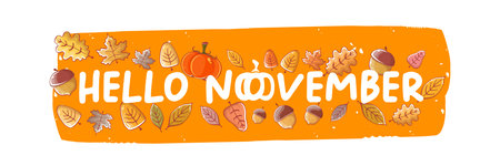 Hello November orange sticker with text, pumpkin and autumn leaves isolated on transparent background. Hello November lettering sticker png, label png, banner, quote, poster design templateのイラスト素材