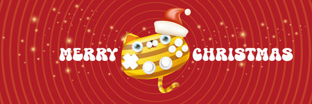 Cute cat gamepad cartoon character vector illustration, striped kitty character wearing a Santa hat, Merry Christmas holiday greeting design, stickers, labels, cards and celebration wide bannersのイラスト素材
