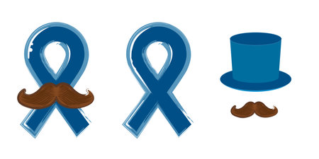 Hat, Blue ribbon with moustache symbol november mens health month. Doodle style Blue ribbon and moustache icons isolated on white background. Sticker , label and icon of prostate cancer awareness setのイラスト素材