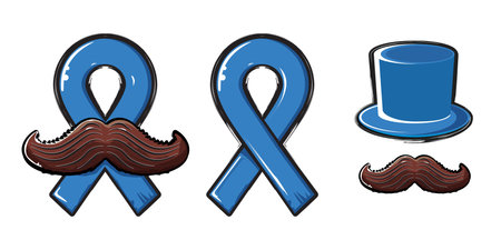 Hat, Blue ribbon with moustache symbol november mens health month. Doodle style Blue ribbon and moustache icons isolated on white background. Sticker , label and icon of prostate cancer awareness setのイラスト素材
