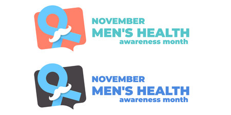 November Mens Health awareness month wide text banner with blue ribbon and moustache icon. Blue November is prostate cancer awareness month. November mens health month logoのイラスト素材