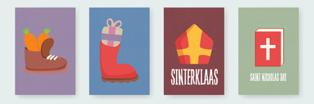Sinterklaas Saint Nicholas Day Poster Vector Set, Traditional Dutch Holiday Celebration Cards, Boots with Carrots, Gift in Red Boot, Mitre, Holy Book, Childrens Winter Festival Graphicsのイラスト素材