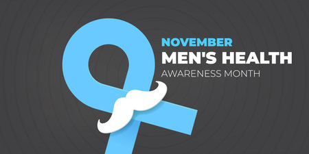 November Mens Health awareness month banner with blue ribbon and moustache icon on grey geometric abstract backgroundのイラスト素材