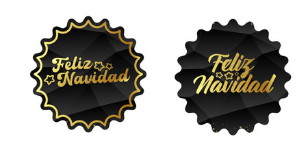 Feliz Navidad Merry Christmas in Spanish quote black sticker with golden text vector design, creative holiday typography, modern festive graphic art for cards, invitations, social media bannersのイラスト素材
