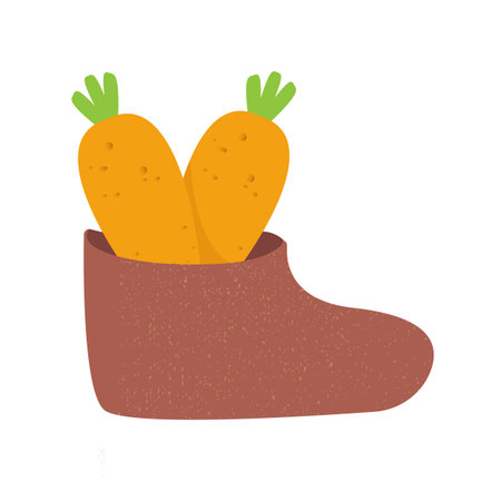 Winter boots with carrot inside, symbol of Sinterklaas. Sinterklaas cartoon hand drawn shoes with carrot. Saint Nicholas Day Poster Vector, Dutch Holiday Celebration Card with Gift in Red Bootのイラスト素材