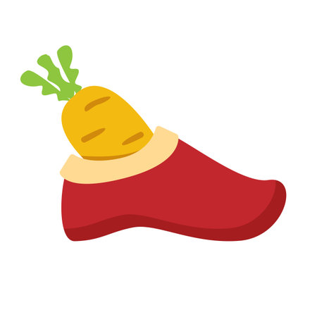 Winter boots with carrot inside, symbol of Sinterklaas. Sinterklaas cartoon hand drawn shoes with carrot. Saint Nicholas Day Poster Vector, Dutch Holiday Celebration Card with Gift in Red Bootのイラスト素材