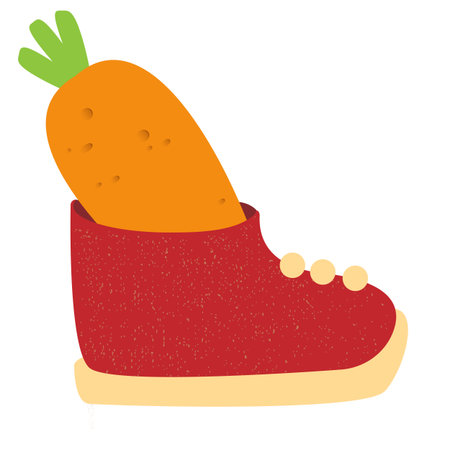 Winter boots with carrot inside, symbol of Sinterklaas. Sinterklaas cartoon hand drawn shoes with carrot. Saint Nicholas Day Poster Vector, Dutch Holiday Celebration Card with Gift in Red Bootのイラスト素材