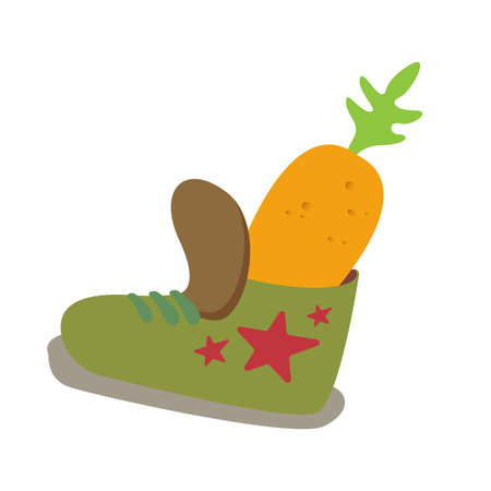Winter green boots with carrot inside and stars, symbol of Sinterklaas. Sinterklaas cartoon hand drawn shoes with carrot. Saint Nicholas Day Poster Vector, Dutch Celebration Card with Gift in Bootのイラスト素材