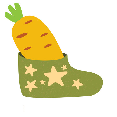 Winter green boots with carrot inside and stars, symbol of Sinterklaas. Sinterklaas cartoon hand drawn shoes with carrot. Saint Nicholas Day Poster Vector, Dutch Celebration Card with Gift in Bootのイラスト素材
