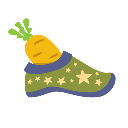 Winter green boots with carrot inside and stars, symbol of Sinterklaas. Sinterklaas cartoon hand drawn shoes with carrot. Saint Nicholas Day Poster Vector, Dutch Celebration Card with Gift in Bootのイラスト素材