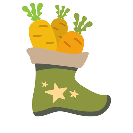 Winter green boots with carrot inside and stars, symbol of Sinterklaas. Sinterklaas cartoon hand drawn shoes with carrot. Saint Nicholas Day Poster Vector, Dutch Celebration Card with Gift in Bootのイラスト素材