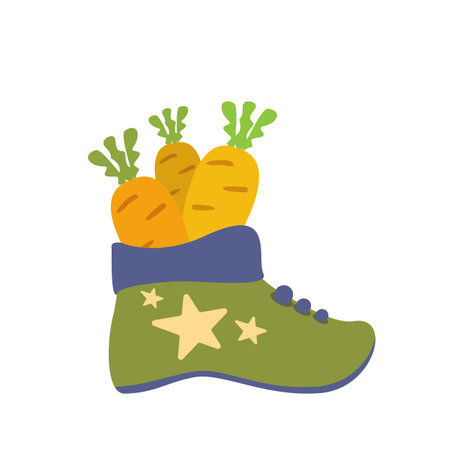 Winter green boots with carrot inside and stars, symbol of Sinterklaas. Sinterklaas cartoon hand drawn shoes with carrot. Saint Nicholas Day Poster Vector, Dutch Celebration Card with Gift in Bootのイラスト素材