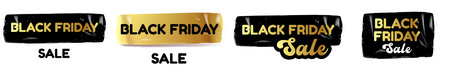 Black Friday SALE gold and black wide text banner. black friday Price sale sticker, sale sticker, price tag, retro label, sale or discount sticker, promotional badge set, shopping label pngのイラスト素材