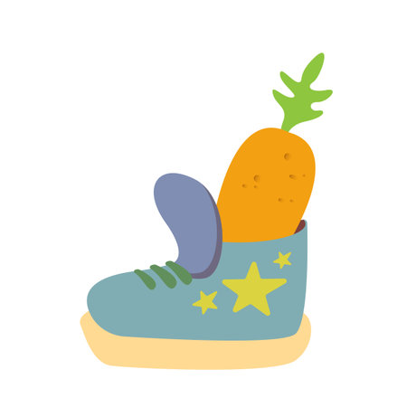 Winter blue boots with carrot inside and stars, symbol of Sinterklaas. Sinterklaas cartoon hand drawn shoes with carrot. Saint Nicholas Day Poster Vector, Dutch Celebration Card with Gift in Bootのイラスト素材