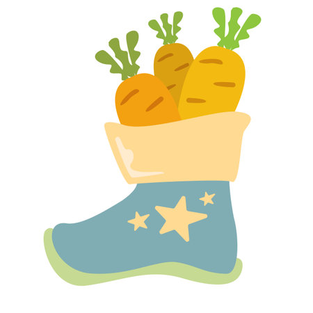 Winter blue boots with carrot inside and stars, symbol of Sinterklaas. Sinterklaas cartoon hand drawn shoes with carrot. Saint Nicholas Day Poster Vector, Dutch Celebration Card with Gift in Bootのイラスト素材