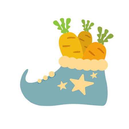 Winter blue boots with carrot inside and stars, symbol of Sinterklaas. Sinterklaas cartoon hand drawn shoes with carrot. Saint Nicholas Day Poster Vector, Dutch Celebration Card with Gift in Bootのイラスト素材