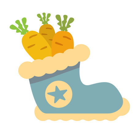 Winter blue boots with carrot inside and stars, symbol of Sinterklaas. Sinterklaas cartoon hand drawn shoes with carrot. Saint Nicholas Day Poster Vector, Dutch Celebration Card with Gift in Bootのイラスト素材