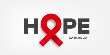 Hope lettering design with red ribbon. World AIDS DAY 1 december banner with red ribbon. World HIV awareness day starts in 1 December. Red ribbon with text background. World AIDS Day posterのイラスト素材