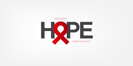 Hope lettering design with red ribbon. World AIDS DAY 1 december banner with red ribbon. World HIV awareness day starts in 1 December. Red ribbon with text background. World AIDS Day posterのイラスト素材