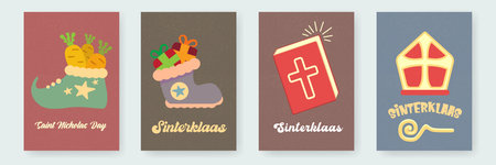 Sinterklaas Saint Nicholas Day COSY Poster Vector Set, Traditional Dutch Holiday Celebration Cards, Boots with Carrots, Gift in Red Boot, Mitre, Holy Book, Childrens Winter Festival Graphicsのイラスト素材