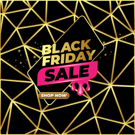 Black Friday sale SQUARE banner with golden text. Black friday melt label, sticker, icon isolated on black CRYSTAL background. creative graphic for promotional banners, social media, shopping labelsのイラスト素材
