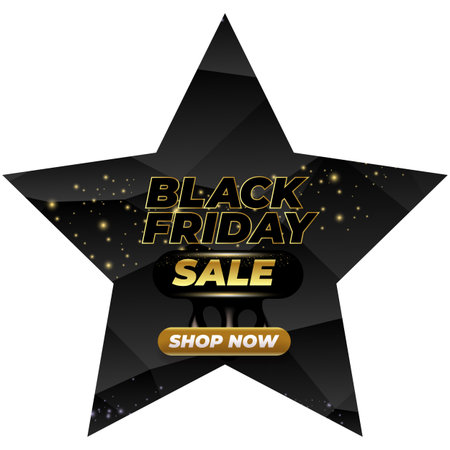 Black Friday sale star shape banner with golden text. Black friday melt label, sticker, icon isolated on black CRYSTAL background. creative graphic for promotional banners, social mediaのイラスト素材