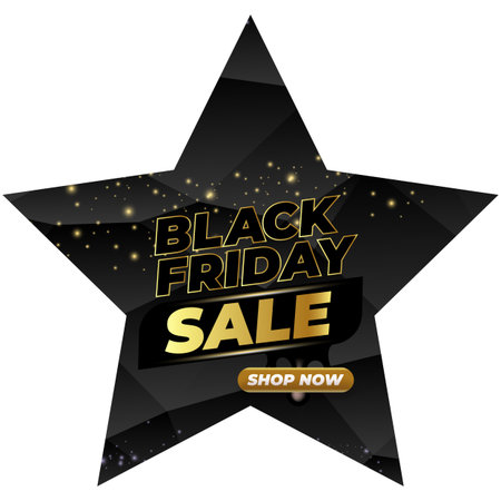 Black Friday sale star shape banner with golden text. Black friday melt label, sticker, icon isolated on black CRYSTAL background. creative graphic for promotional banners, social mediaのイラスト素材