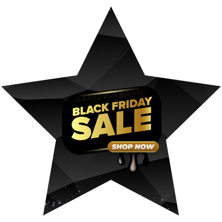 Black Friday sale star shape banner with golden text. Black friday melt label, sticker, icon isolated on black CRYSTAL background. creative graphic for promotional banners, social mediaのイラスト素材