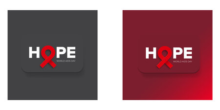 Hope lettering design with red ribbon square banner set. World AIDS DAY 1 december banner with red ribbon. World HIV awareness day starts in 1 December. Red ribbon with text background. World AIDS Dayのイラスト素材