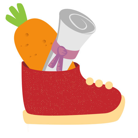 Winter Childrens red boot with carrot and letter for St Nicholas day inside, symbol of Sinterklaas. Sinterklaas cartoon hand drawn shoes with carrot and scroll. Saint Nicholas Day Dutch Holiday Posterのイラスト素材