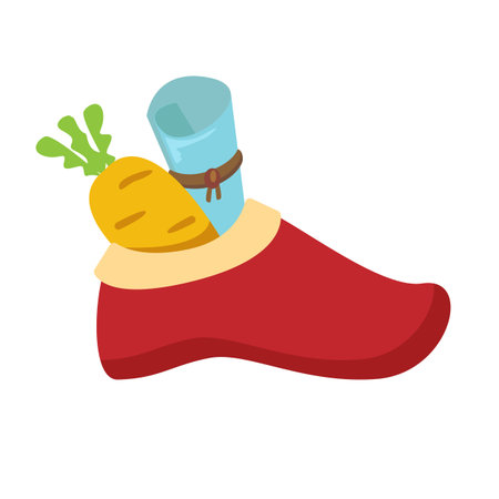 Winter Childrens red boot with carrot and letter for St Nicholas day inside, symbol of Sinterklaas. Sinterklaas cartoon hand drawn shoes with carrot and scroll. Saint Nicholas Day Dutch Holiday Posterのイラスト素材