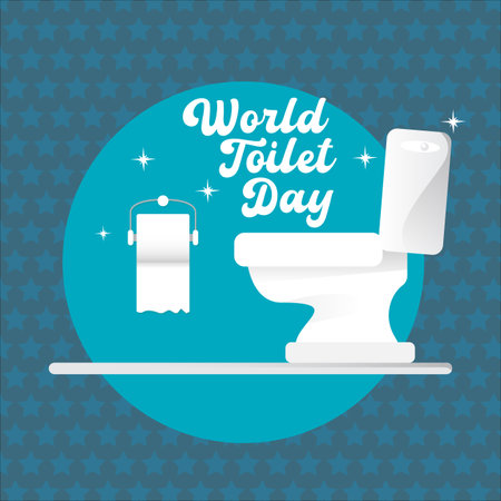 world toilet day banner and poster design template with Toilet bawl icon with toilet paper roll isolated on blue background. Flat Toilet room icon. Vector World toilet day concept illustrationのイラスト素材