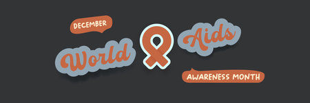 World AIDS awareness month retro banner with red ribbon. World HIV awareness month starts in December. Red ribbon with text isolated on grey background. World AIDS Day December 1stのイラスト素材