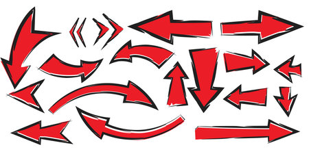 Red Christmas arrows set isolated . Red Hand drawn arrows signs collection isolated on white backgroundのイラスト素材