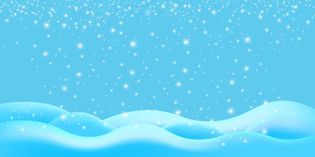 Realistic cartoon snow hills with falling snowflakes and blue sky background. Winter wide landscape design element with blue snow. Minimal nature composition with snowy fields and falling snowのイラスト素材