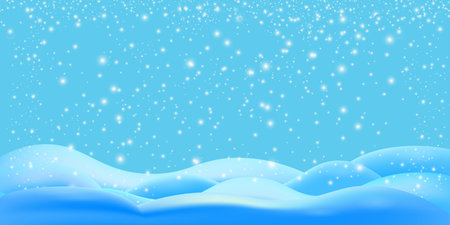 Realistic cartoon snow hills with falling snowflakes and blue sky background. Winter wide landscape design element with blue snow. Minimal nature composition with snowy fields and falling snowのイラスト素材