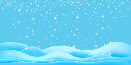 Realistic cartoon snow hills with falling snowflakes and blue sky background. Winter wide landscape design element with blue snow. Minimal nature composition with snowy fields and falling snowのイラスト素材