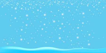 Realistic cartoon snow hills with falling snowflakes and blue sky background. Winter wide landscape design element with blue snow. Minimal nature composition with snowy fields and falling snowのイラスト素材