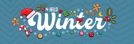 Hello winter banner design template with santa hat, christmas tree, candy, hat, mittens, berries, stars, gifts, balls, moon , gingerbread man, cookies. Hello winter blue wide banner and posterのイラスト素材