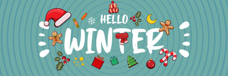 Hello winter banner design template with santa hat, christmas tree, candy, hat, mittens, berries, stars, gifts, balls, moon , gingerbread man, cookies. Hello winter blue wide banner and posterのイラスト素材