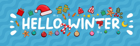 Hello winter banner design template with santa hat, christmas tree, candy, hat, mittens, berries, stars, gifts, balls, moon , gingerbread man, cookies. Hello winter blue wide banner and posterのイラスト素材