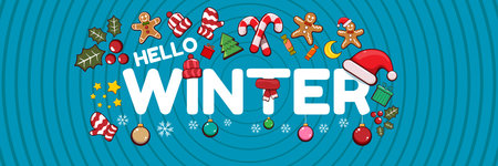 Hello winter banner design template with santa hat, christmas tree, candy, hat, mittens, berries, stars, gifts, balls, moon , gingerbread man, cookies. Hello winter blue wide banner and posterのイラスト素材