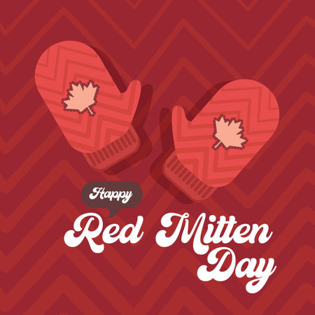 Celebrate national red mitten day with warm red mittens on red abstract background. Red mittens day 21 November Canadian holiday greeting cardのイラスト素材