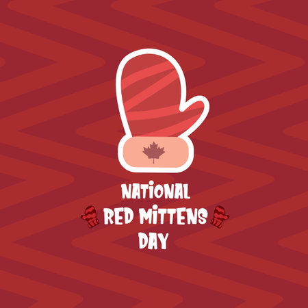 Celebrate national red mitten day with warm red mittens on red abstract background. Red mittens day 21 November Canadian holiday greeting cardのイラスト素材