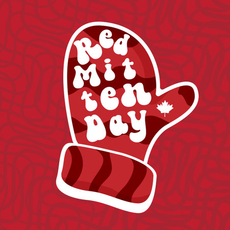 Celebrate national red mitten day with warm red mittens on red abstract background. Red mittens day 21 November Canadian holiday greeting cardのイラスト素材