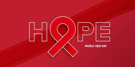 Hope lettering design with red ribbon. World AIDS DAY 1 december banner with red ribbon. World HIV awareness day starts in 1 December. Red ribbon with text background. World AIDS Day posterのイラスト素材