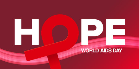 Hope lettering design with red ribbon. World AIDS DAY 1 december banner with red ribbon. World HIV awareness day starts in 1 December. Red ribbon with text background. World AIDS Day posterのイラスト素材